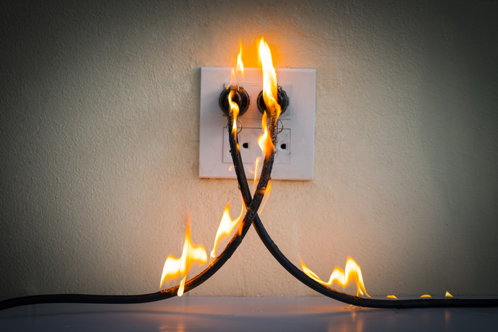 On fire electric wire plug Receptacle wall partition,Electric short circuit failure resulting in electricity wire burnt Electric Wire Plug On Fire